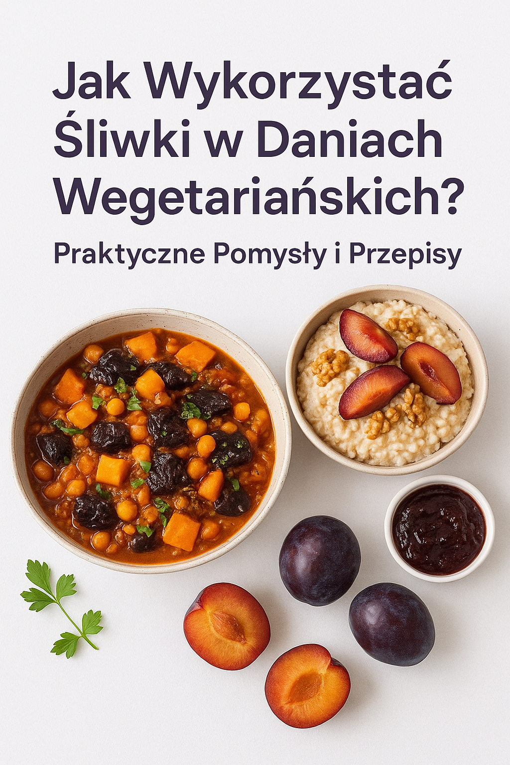 Śliwki w diecie wegetariańskiej i wegańskiej Wegetariańskie dania ze śliwkami – miska warzywnego gulaszu z ciecierzycą i suszonymi śliwkami, owsianka z plasterkami świeżych śliwek, obok świeże i przekrojone śliwki oraz mała miseczka powideł, ujęcie w stylu kulinarnym, na jasnym tle.